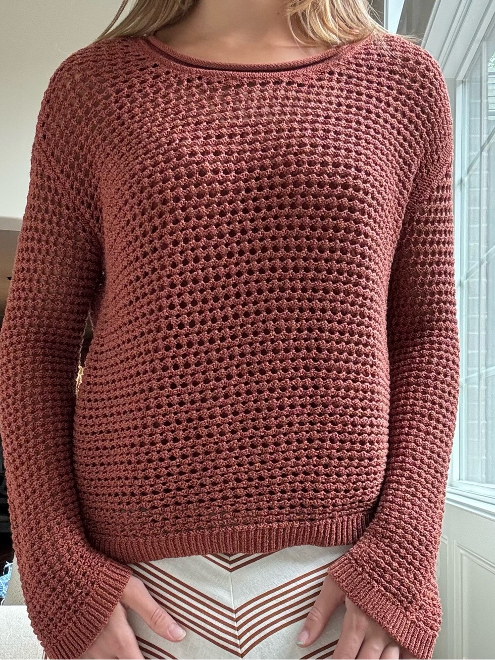 LOFT Brick Red Open-Weave Crewneck Sweater